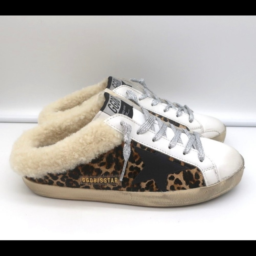 NWOT Golden Goose Superstar Sabot Shearling Sneakers Leopard Pony Hair